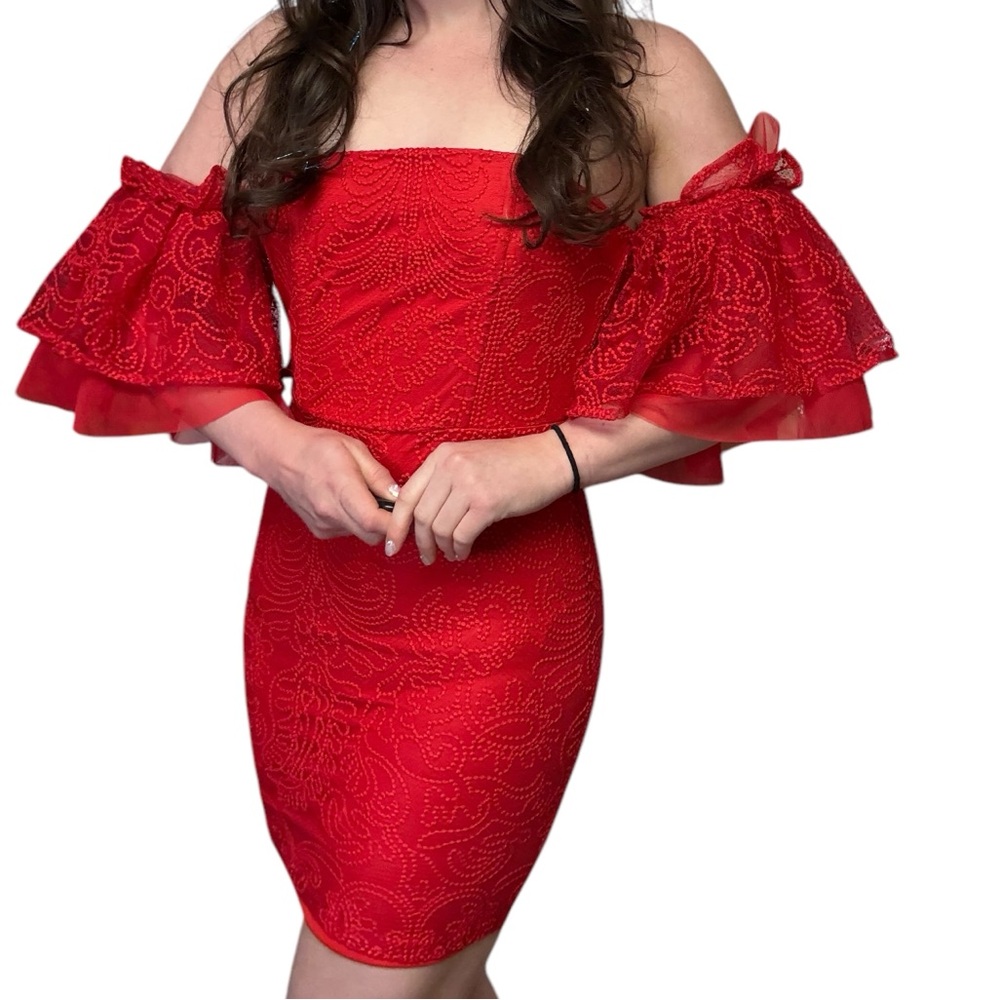 Hello Miss Boutique Red Ruffle Off-Shoulder Cocktail Mini Dress Size S/M NEW